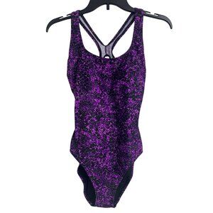 NWT Speedo Ultraback Racerback One Piece Swimsuit Size 8 Black Purple Nylon/Span